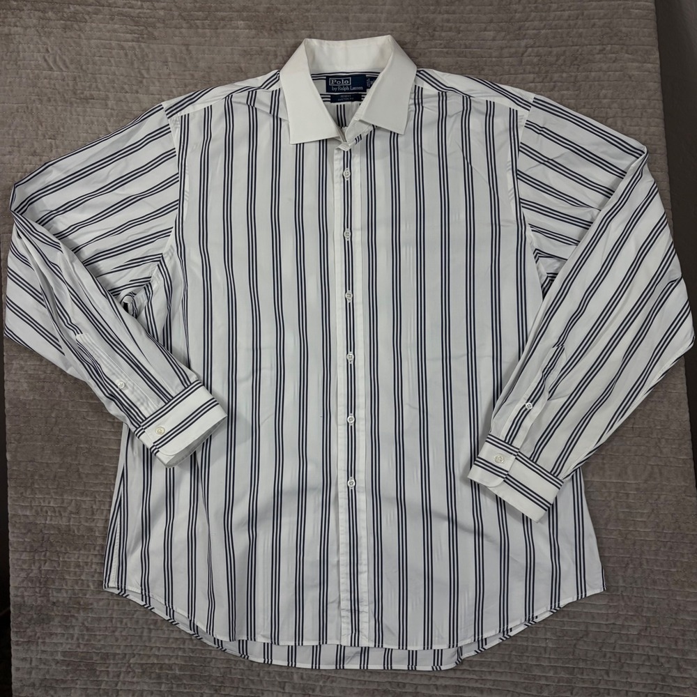 VTG Polo Ralph Lauren Regent Custom Fit Striped Dress Shirt White Navy 18 XXL